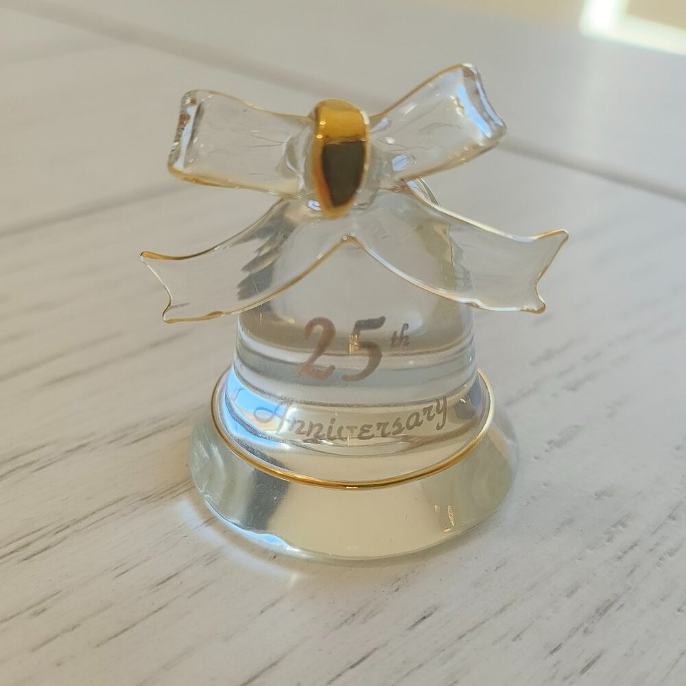Miniature 25th Anniversary Glass Bell Shaped Figurine With Gold Tone Accents